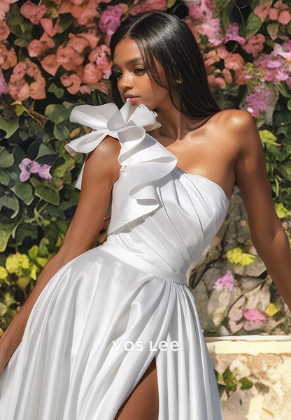 A-Line One Shoulder Pleated Satin Wedding Dress with High Slit