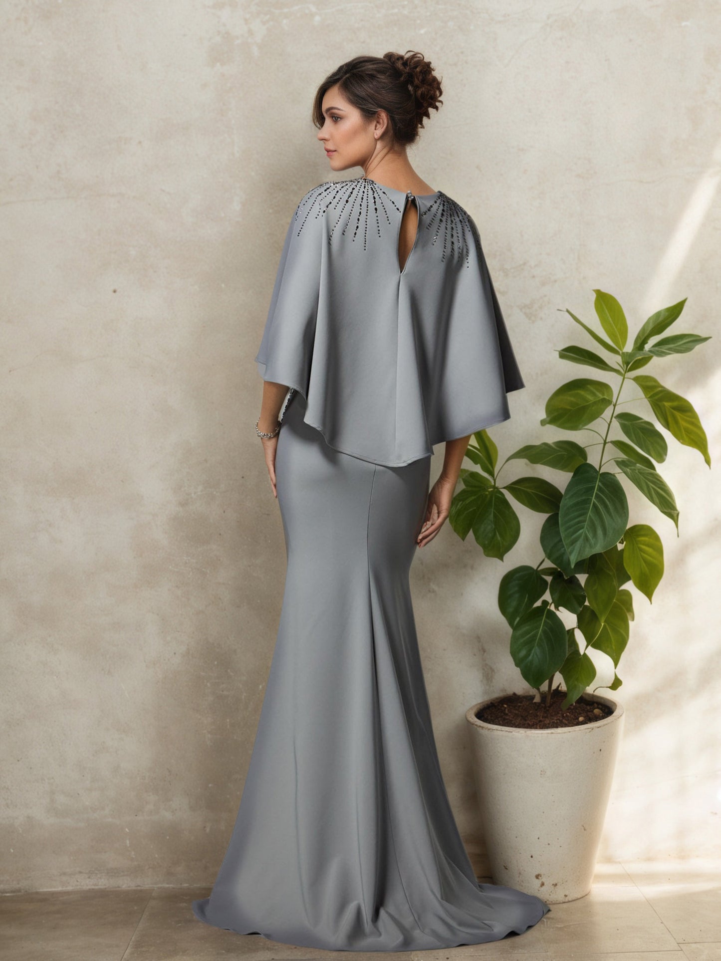 V-Neck Sheath Grey Mother Of The Bride Dress with Shawl