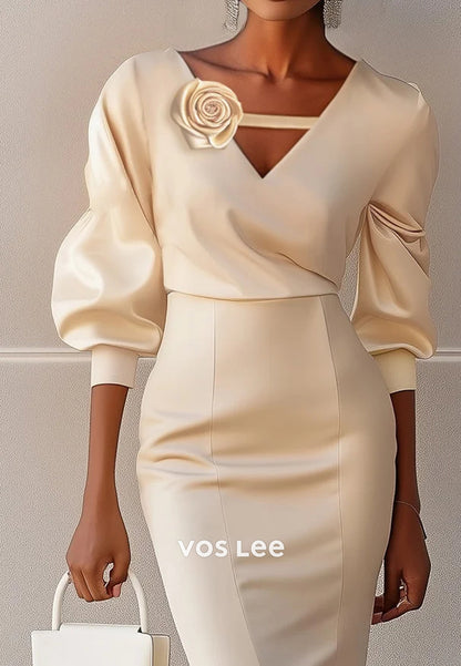 Elegant Long Sleeve V Neck Flowers Pleated Ankle-Length Sheath Wedding Guest Dresses