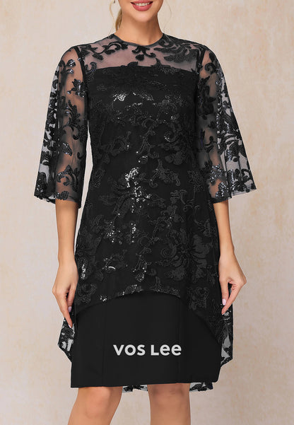 Elegant Half Sleeve Illusion Neck Appliqued Sequins Knee-Length Mother of Bride Dresses