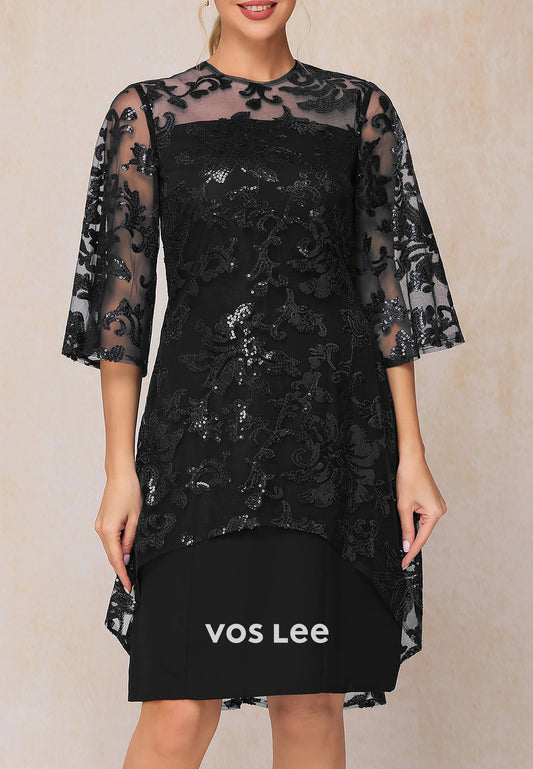 Elegant Half Sleeve Illusion Neck Appliqued Sequins Knee-Length Mother of Bride Dresses