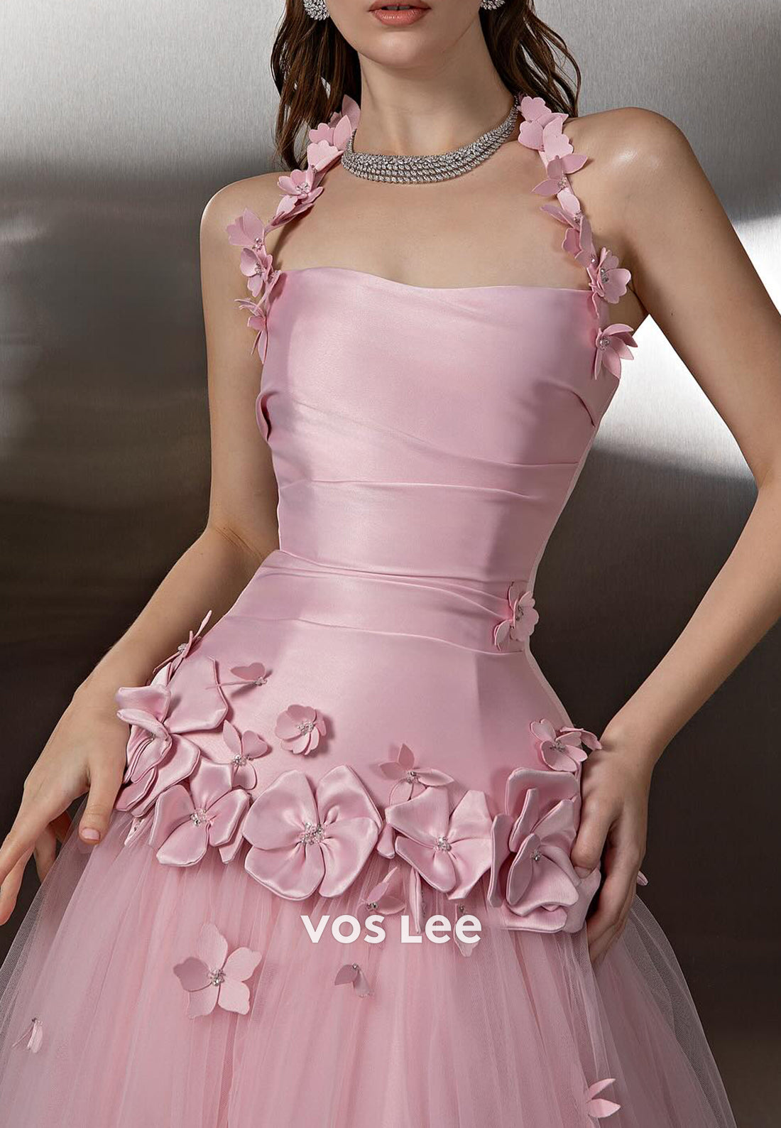 Pink Halter Floral Embellished A-Line Tulle Prom Dresses with Court Train