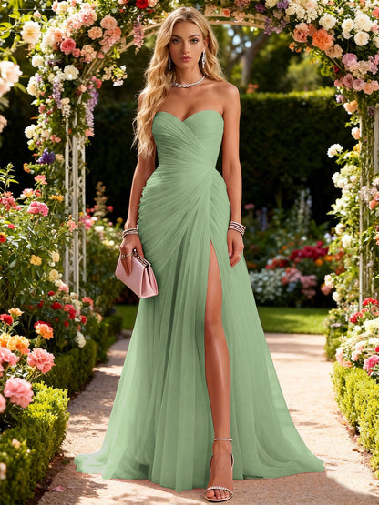 Pink Ruched Slit Tulle Strapless Sleeveless Sheath Gown Dress