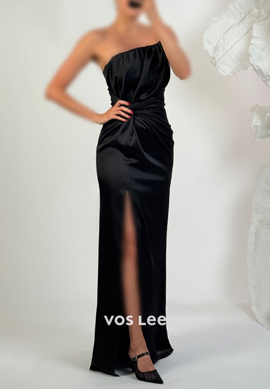Classic & Timeless Strapless  Floor-Length Pleated Mermaid Evening Dresses with High Split