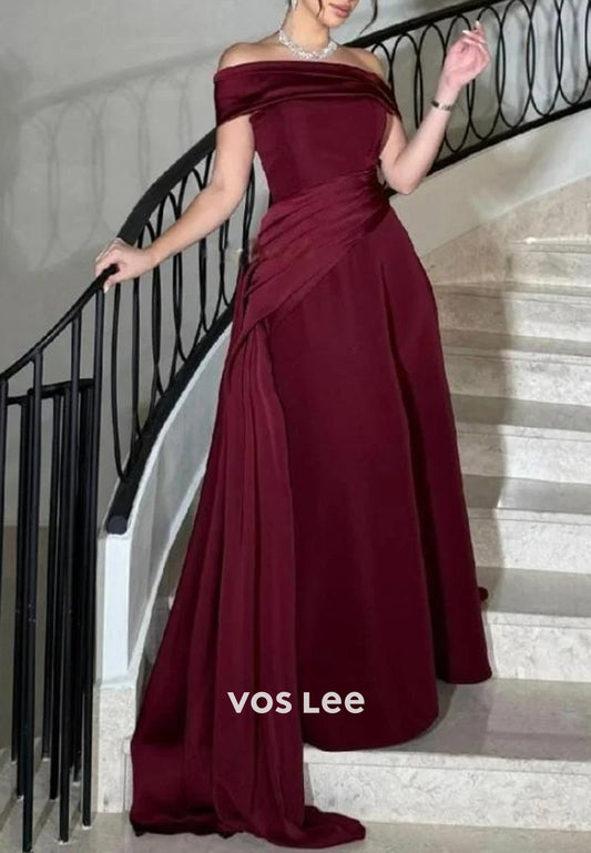 Classic & Timeless A-Line Pleated Off the Shoulder Evening Dresses with Court Train