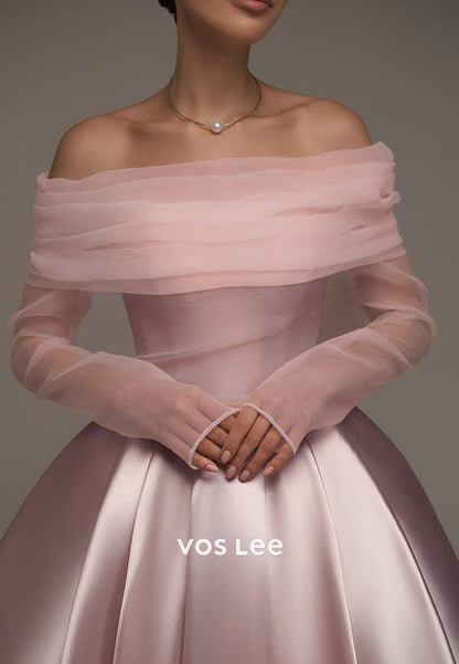 Two Pieces Long Sleeve A-Line Off the Shoulder Ankle-Length Prom Dresses