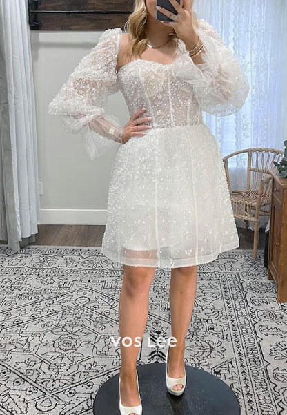 Sparkly A-Line Detachable Long Sleeve Sweetheart Fully Beaded Short Wedding Dresses