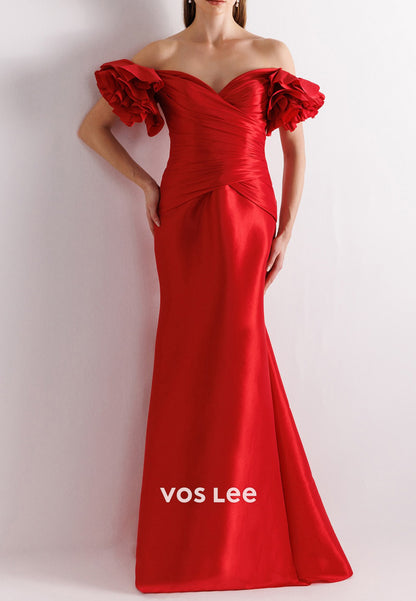 Off the Shoulder Sweetheart Pleated Sheath Floor-Length Evening Dresses Formal Dresses