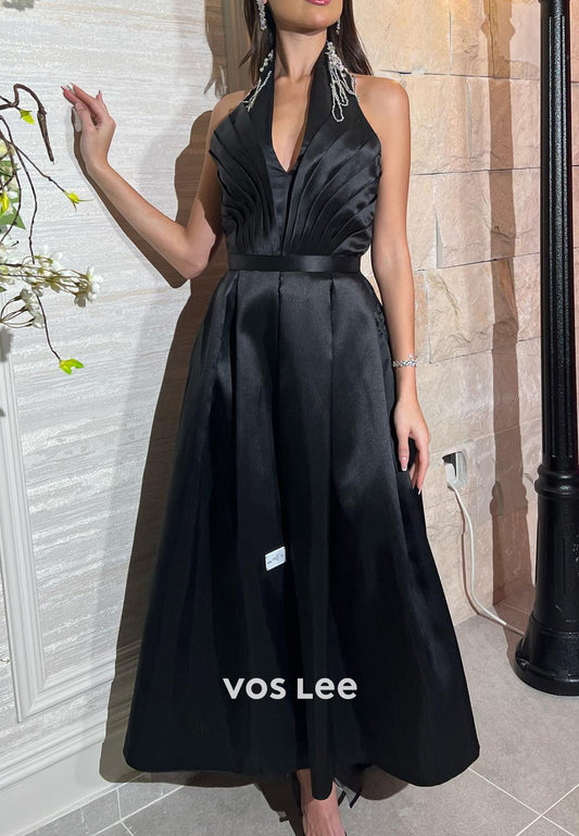 A-Line Halter Rhinestone Beaded Pearls Black Pleated Evening Dresses