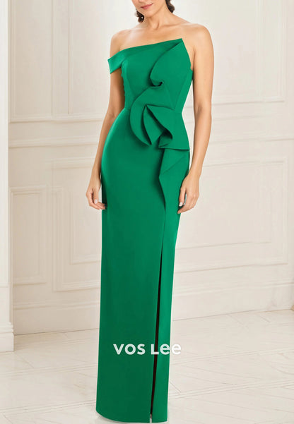 One Shoulder Floor-Length Pleated Sheath Formal Mother of Bride Dresses with High Split