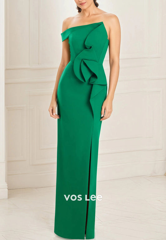 One Shoulder Floor-Length Pleated Sheath Formal Mother of Bride Dresses with High Split