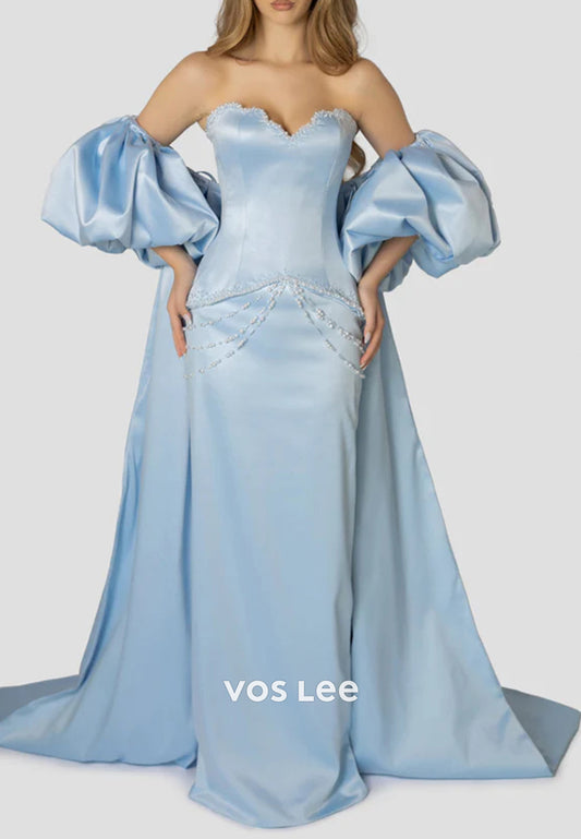 Short Sleeve Strapless Sweetheart Pearls Mermaid Evening Dresses with Court Train