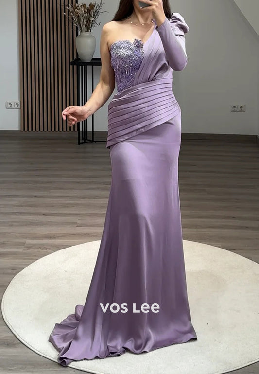 Long Sleeve One Shoulder Pleated Mermaid Evening Dresses Formal Dresses with Train