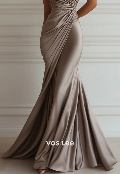 Sexy One Shoulder Pleated Mermaid/Trumpet Wedding Guest Dresses with Sweep Train