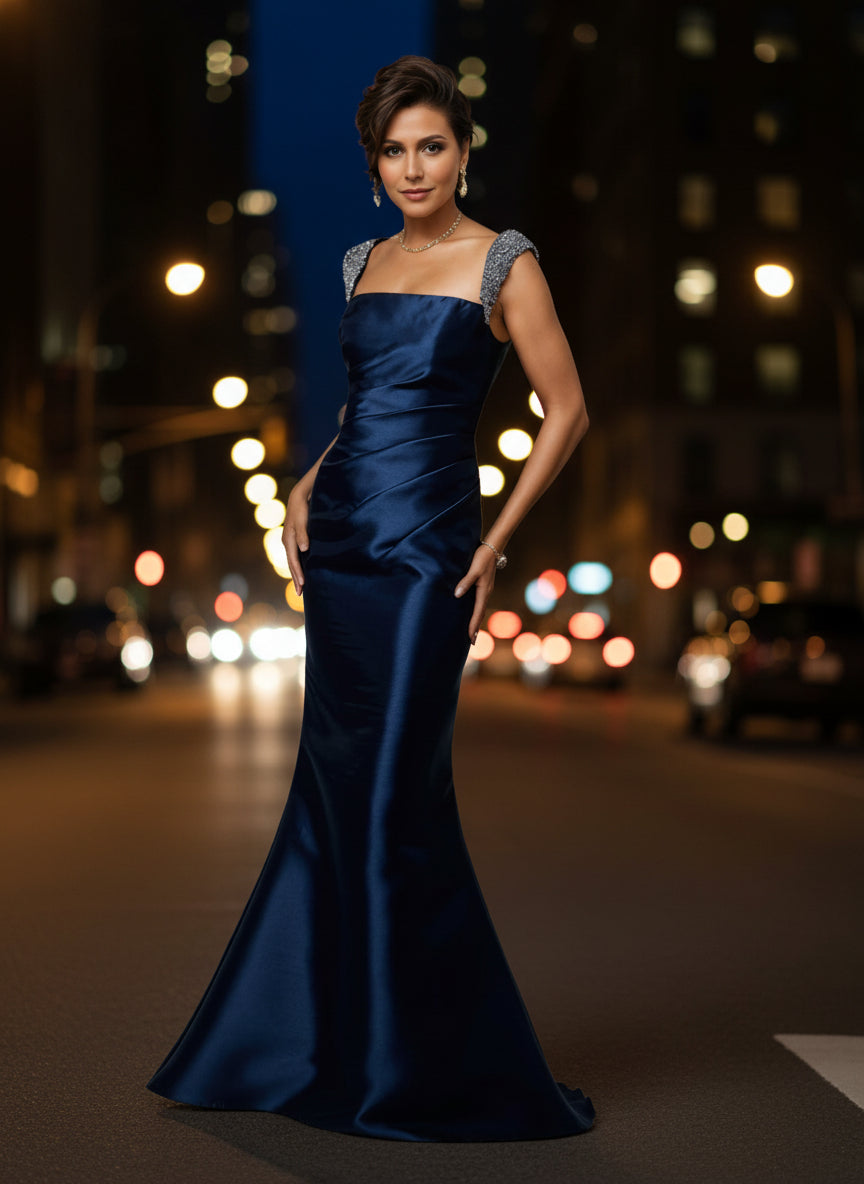 Satin Navy Blue Square Neck Sweep/Brush Train Mother Of The Bride Dress