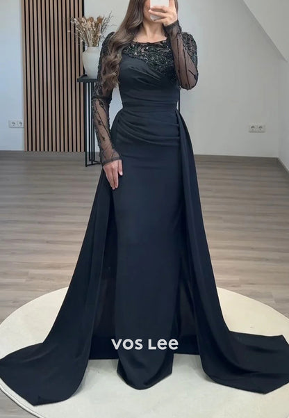Long Sleeve Scoop Beading Sequins Embellished Mermaid Evening Dresses with Sweep Train