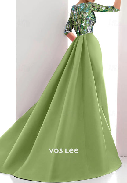 Half Sleeve Scoop Appliqued Pleated Mermaid Mother of Bride Dresses with Sweep Train