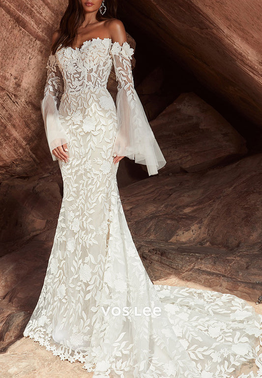 Bell Sleeves Off the Shoulder Appliques Lace Mermaid Wedding Dresses with Court Train