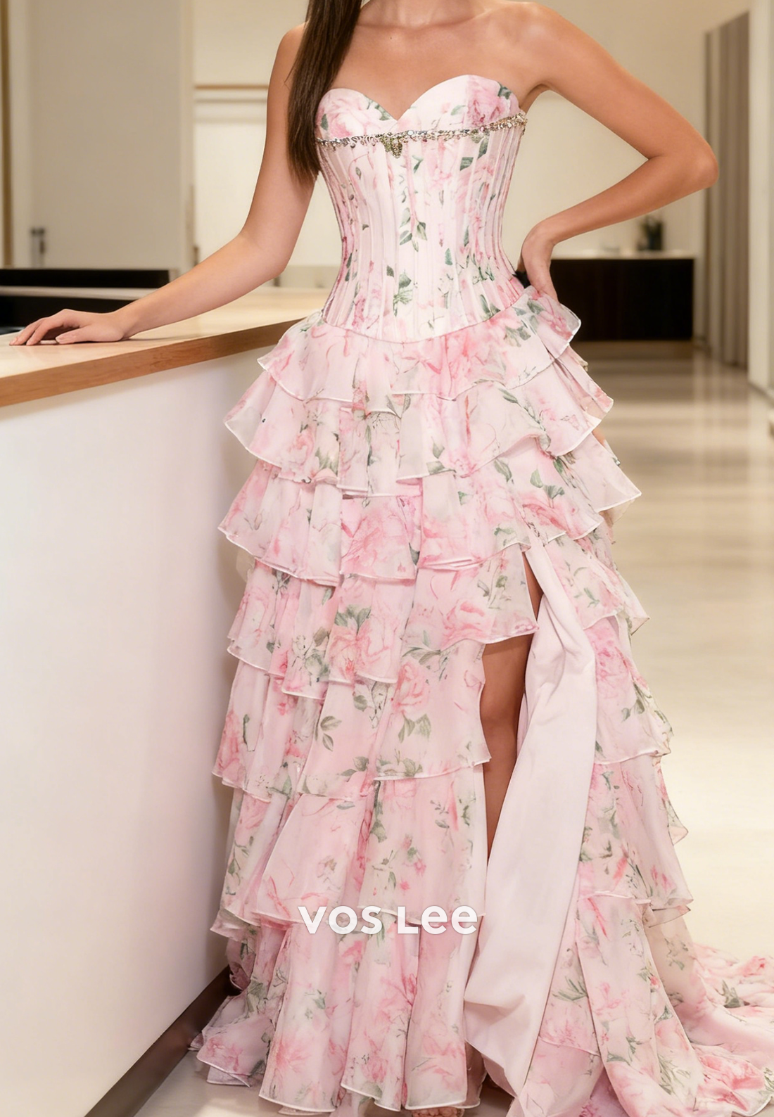Sweetheart Flower Print Tiered A-line Long Prom Dresse With Split