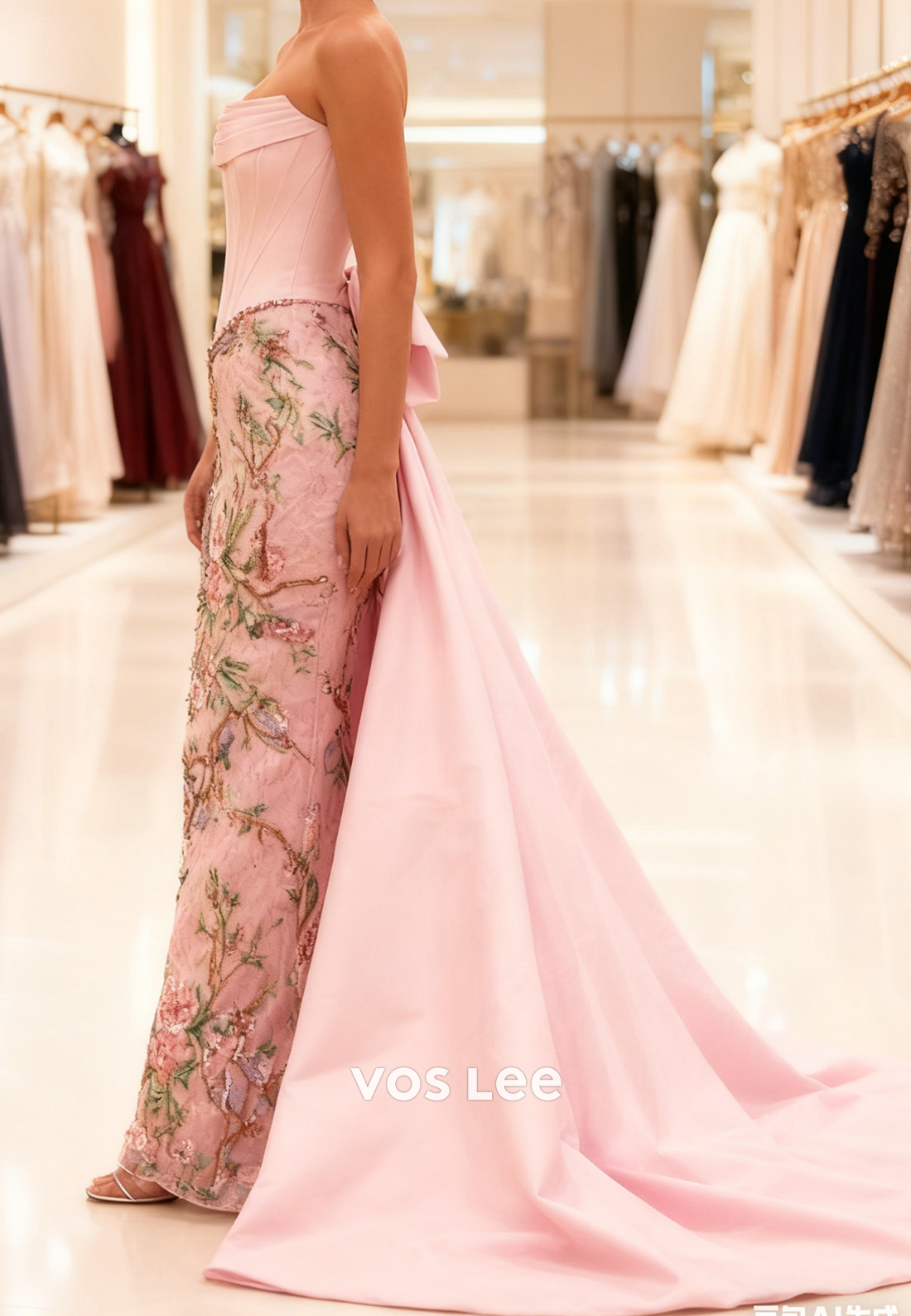 Pink Strapless Embroidery Floor-Length Column Prom Dress With Bowknot