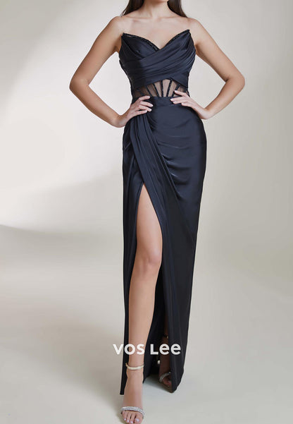 V Neck Illusion Rhinestone Floor-Length Sheath Evening Dresses Party Dresses with Side Split