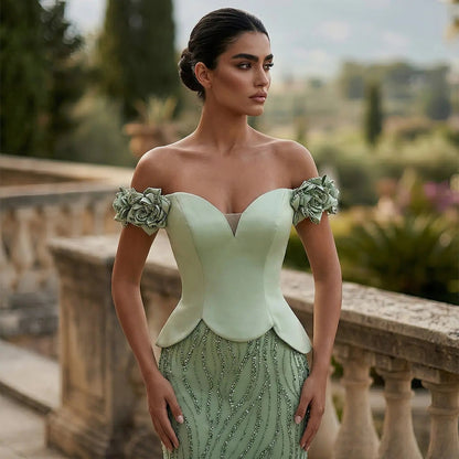 Edgy Green Off-the-Shoulder 3D Floral Applique Sequin Evening Dress