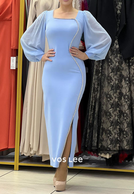 Long Sleeve Square Ankle-Length Mermaid Evening Dresses with Side Split
