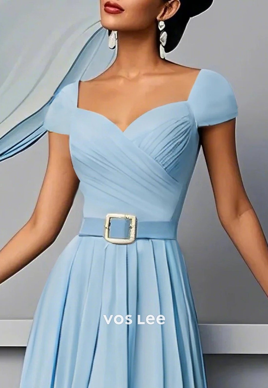 Chiffon A-Line Sweetheart Cap Sleeves Pleated Tea-Length Wedding Guest Dresses