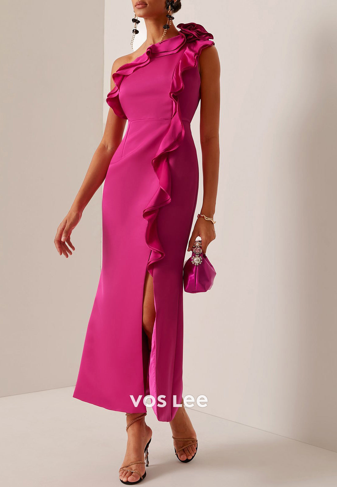 One Shoulder Pleated Ankle-Length Sheath Wedding Guest Dresses with High Split