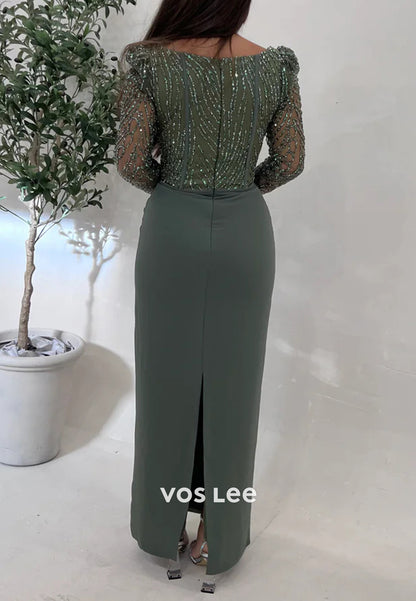 Classic & Timeless Long Sleeve Square Beaded Ankle-Length Mermaid Evening Dresses