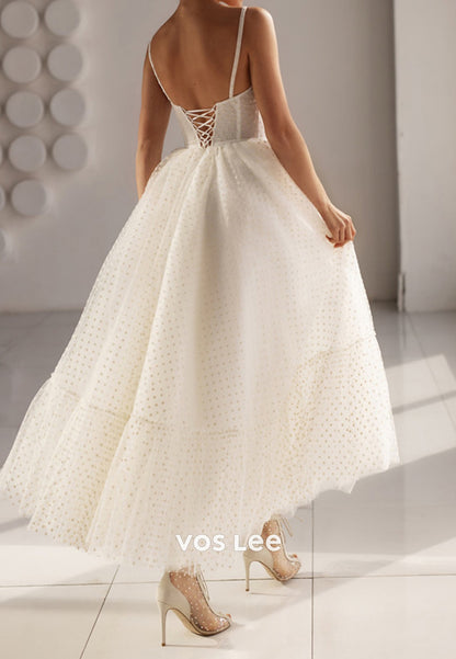 A-Line Spaghetti Straps Sweetheart Tulle Ankle-Length Pleated Wedding Dresses