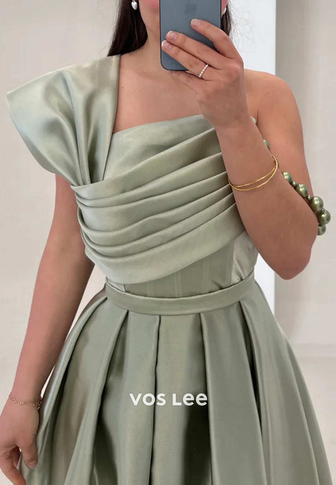 Couture & Ornate A-Line One Shoulder Pearls Pleated Evening Dresses with Court Train