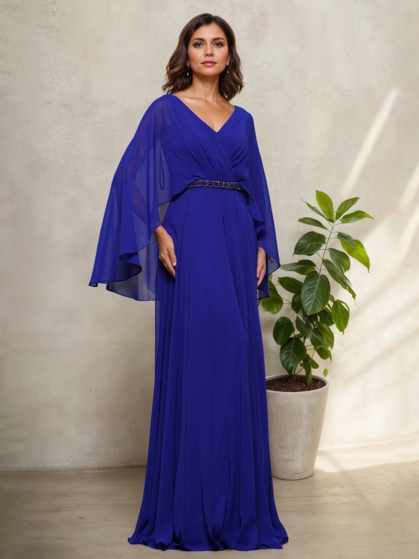 Floor Length V-Neck Aubergine A-Line Mother Of The Bride Dress with Shawl