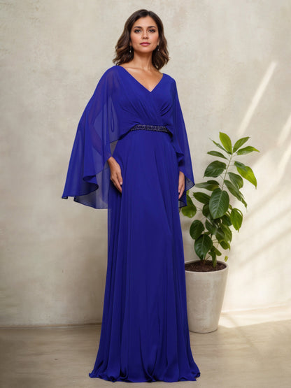 Floor Length V-Neck Aubergine A-Line Mother Of The Bride Dress with Shawl