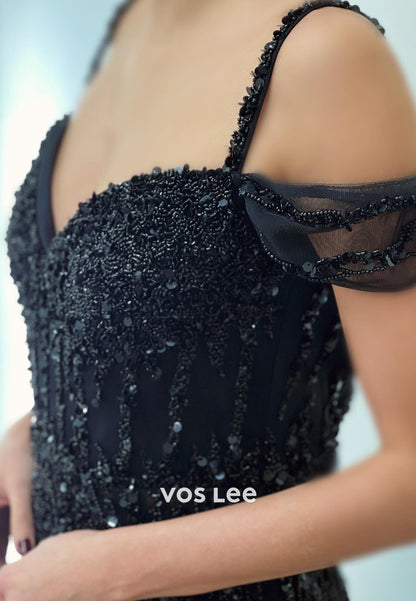A-Line Short Sleeve Spaghetti Straps Fully Beaded Evening Dresses with Court Train