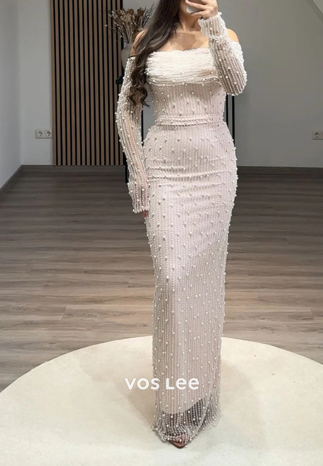 Long Sleeve Off-Shoulder Pearls Beaded Lace Mermaid Evening Dresses with Split