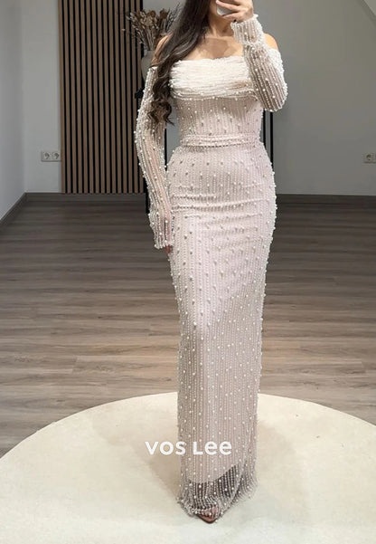 Long Sleeve Off-Shoulder Pearls Beaded Lace Mermaid Evening Dresses with Split