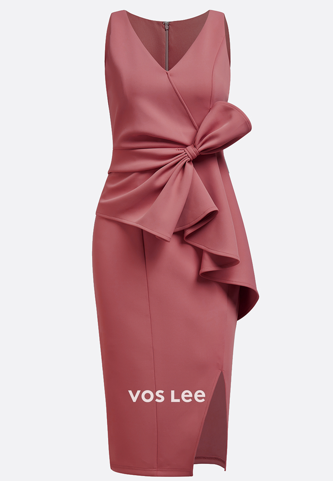 Regular Straps V Neck Pleated Bowknot Knee-Length Sheath Wedding Guest Dresses