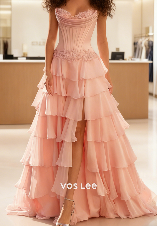 Fashion Lace Appliques Chiffon Tiered A-line Long Prom Dresses