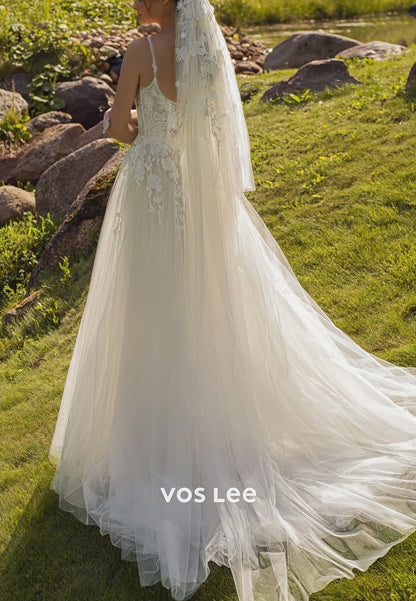 A-Line Spaghetti Straps Square Appliques Lace Beach Wedding Dresses with Court Train