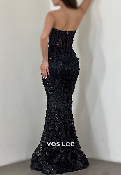 Strapless Sweetheart Fully Sequined Appliques Lace Floor-Length Mermaid Evening Dresses