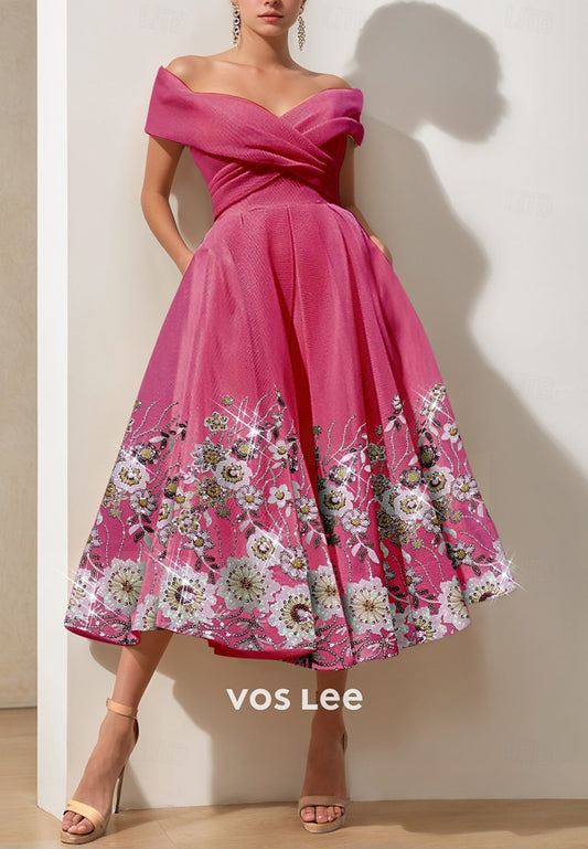 A-Line Sleeveless Off the Shoulder Floral Embellished Tea-Length Evening Dresses