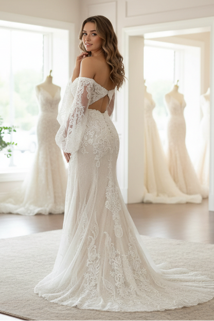 Off the Shoulder White Champagne Mermaid V-Neck Sequins Lace Wedding Dress