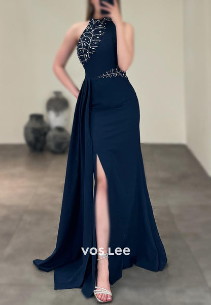 Halter Rhinestone Beading Embellished Floor-Length Mermaid Evening Dresses with Side Spilt