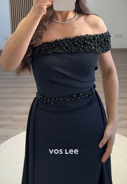 Dark Navy One Shoulder Beading Mermaid Evening Dresses with Court Train
