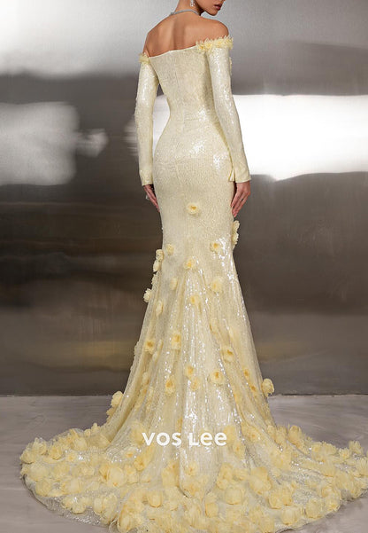 Fully Sequined Long Sleeve Floral Appliqued Off the Shoulder Prom Dresses