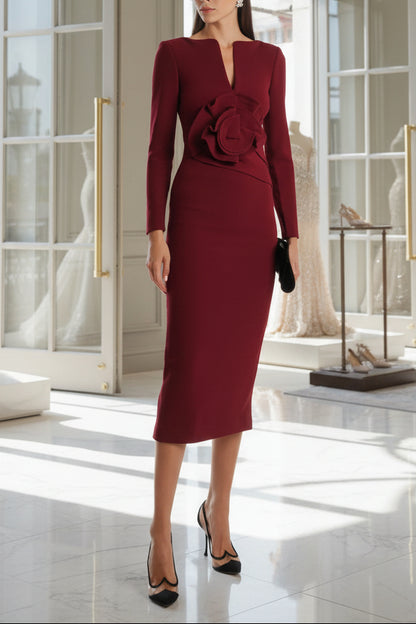 Women’s Burgundy Long Sleeve Midi Dress with 3D Floral Detail for Cocktail & Party