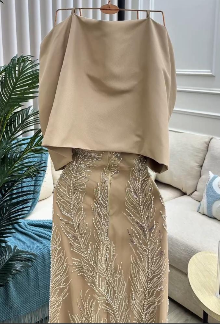 Elegant Sequin Evening Gown | Draped Capelet Formal Dress with Slit