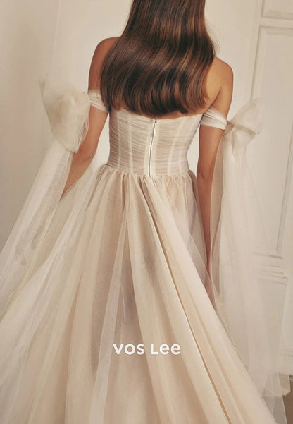 A-Line Off the Shoulder Bowknot Sweetheart Pleated Beach Wedding Dresses with High Split