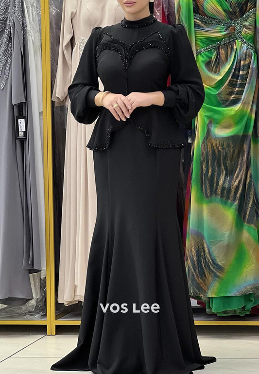 Long Sleeve Scoop Beaded Embellished Floor-Length Mermaid Evening Dresses